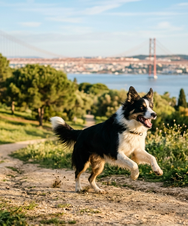 Um cão Border Collie corre feliz num parque ensolarado em Lisboa, representando a liberdade sob a Lei de Bem-Estar Animal em Portugal.
