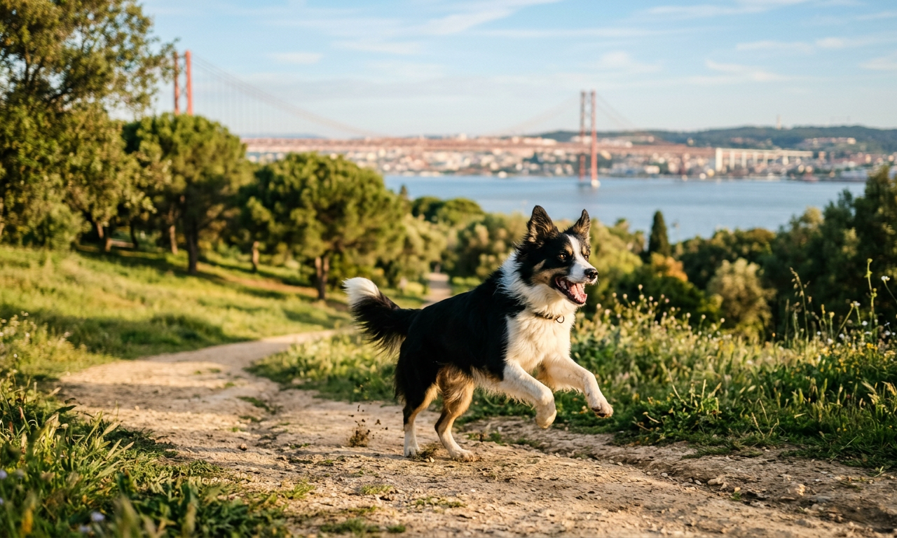 Um cão Border Collie corre feliz num parque ensolarado em Lisboa, representando a liberdade sob a Lei de Bem-Estar Animal em Portugal.