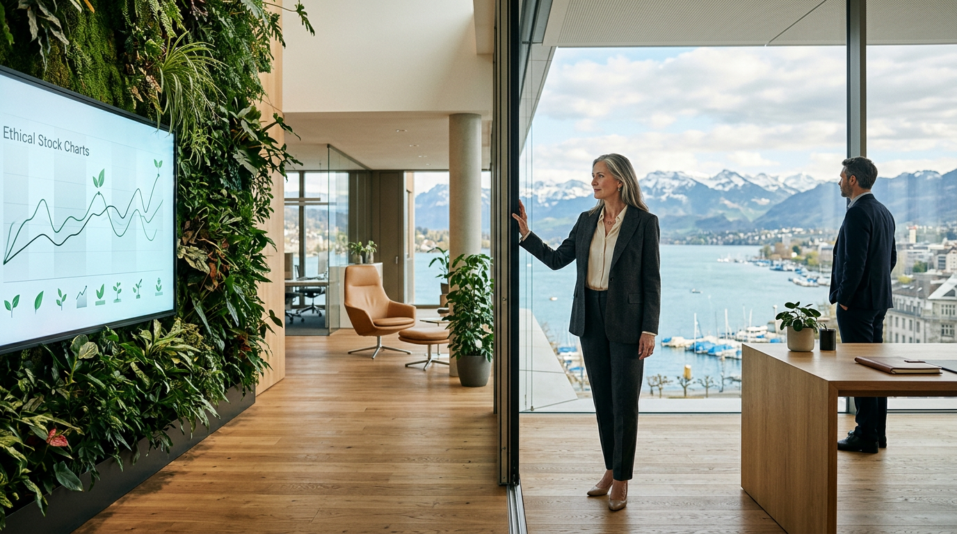 Une banque moderne à Zurich avec des murs végétaux et des écrans affichant des données sur les finances vertes en Suisse.