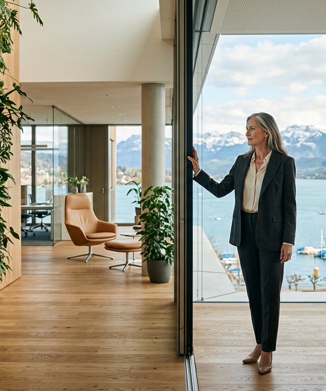 Une banque moderne à Zurich avec des murs végétaux et des écrans affichant des données sur les finances vertes en Suisse.
