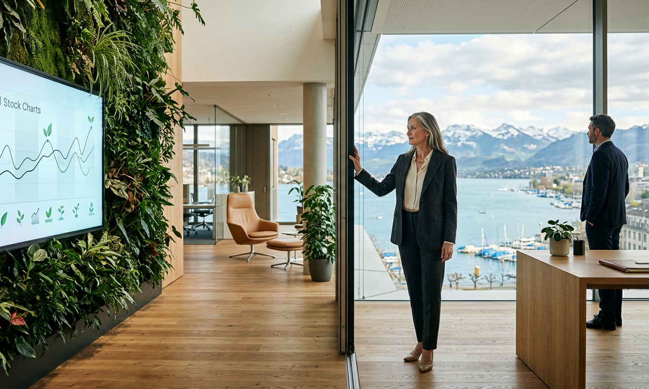 Une banque moderne à Zurich avec des murs végétaux et des écrans affichant des données sur les finances vertes en Suisse.