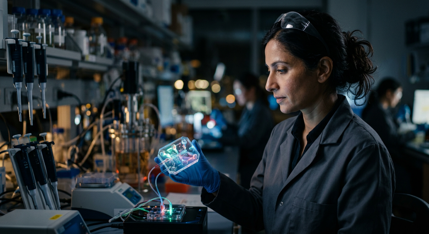 Scientist examining a glowing organ-on-a-chip device representing the new era of Primate Research Funding shifts.