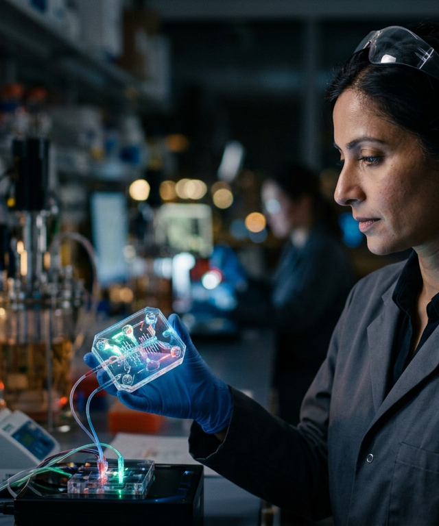 Scientist examining a glowing organ-on-a-chip device representing the new era of Primate Research Funding shifts.