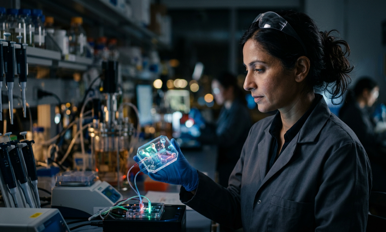 Scientist examining a glowing organ-on-a-chip device representing the new era of Primate Research Funding shifts.