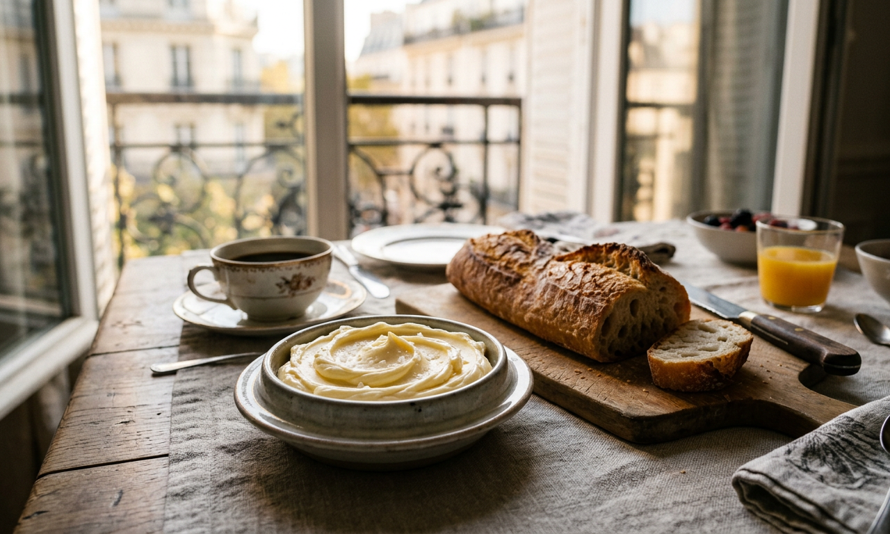 Tartine de pain au levain avec un tourbillon de beurre végétal onctueux et du sel de Guérande, illustrant si le beurre est vegan.