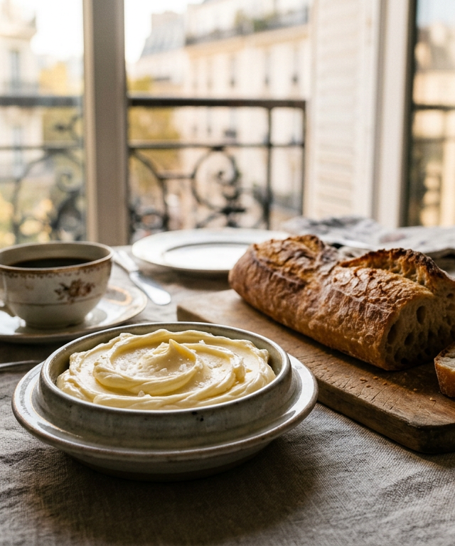 Tartine de pain au levain avec un tourbillon de beurre végétal onctueux et du sel de Guérande, illustrant si le beurre est vegan.