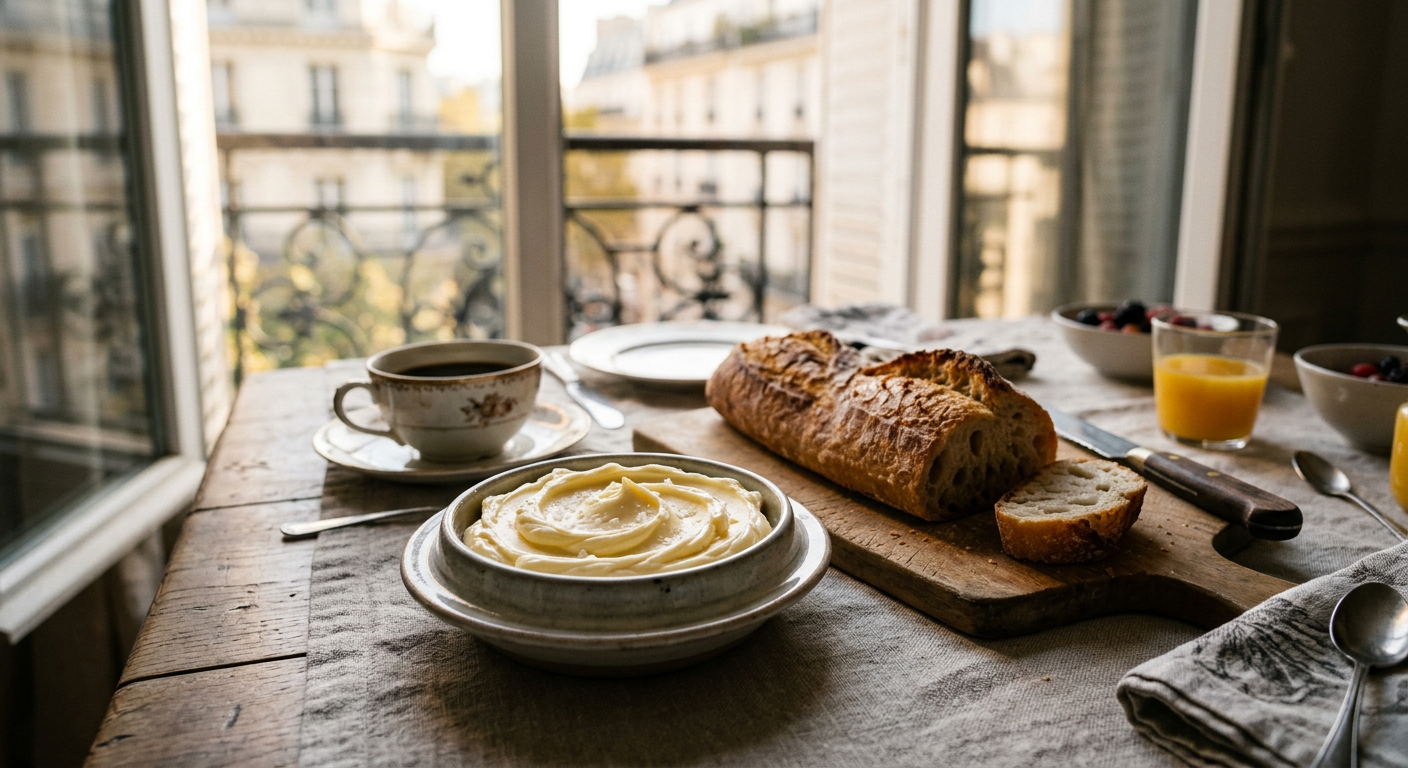 Tartine de pain au levain avec un tourbillon de beurre végétal onctueux et du sel de Guérande, illustrant si le beurre est vegan.