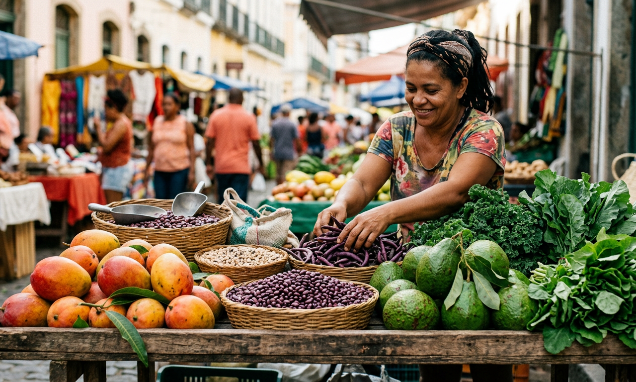 Uma mesa colorida de feira livre brasileira com frutas e leguminosas frescas para o Veganuary Brasil 2027.