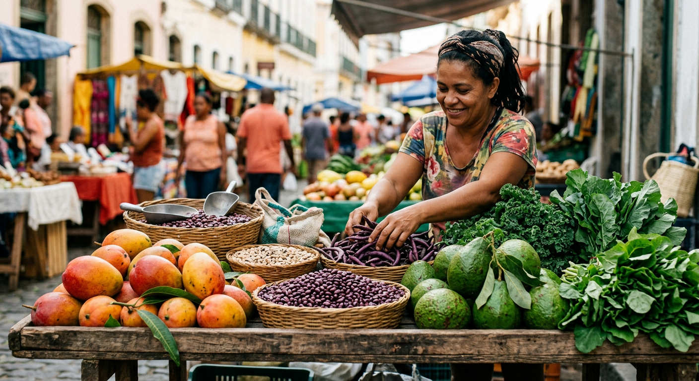 Uma mesa colorida de feira livre brasileira com frutas e leguminosas frescas para o Veganuary Brasil 2027.