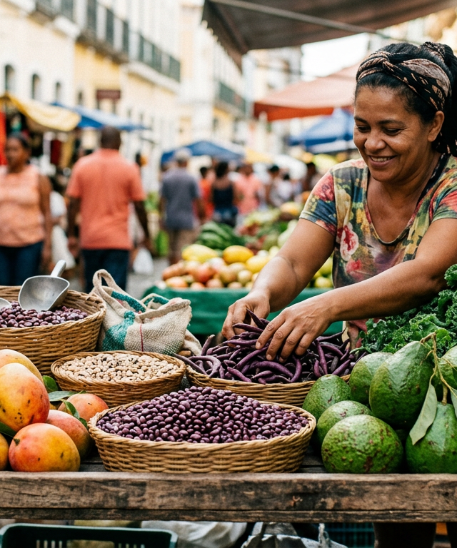 Uma mesa colorida de feira livre brasileira com frutas e leguminosas frescas para o Veganuary Brasil 2027.