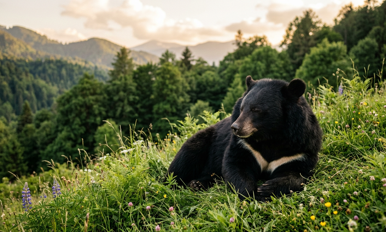 An Asiatic black bear resting in a lush sanctuary during the Vietnam bear bile farming phase-out.