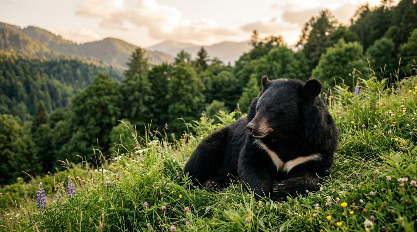 An Asiatic black bear resting in a lush sanctuary during the Vietnam bear bile farming phase-out.