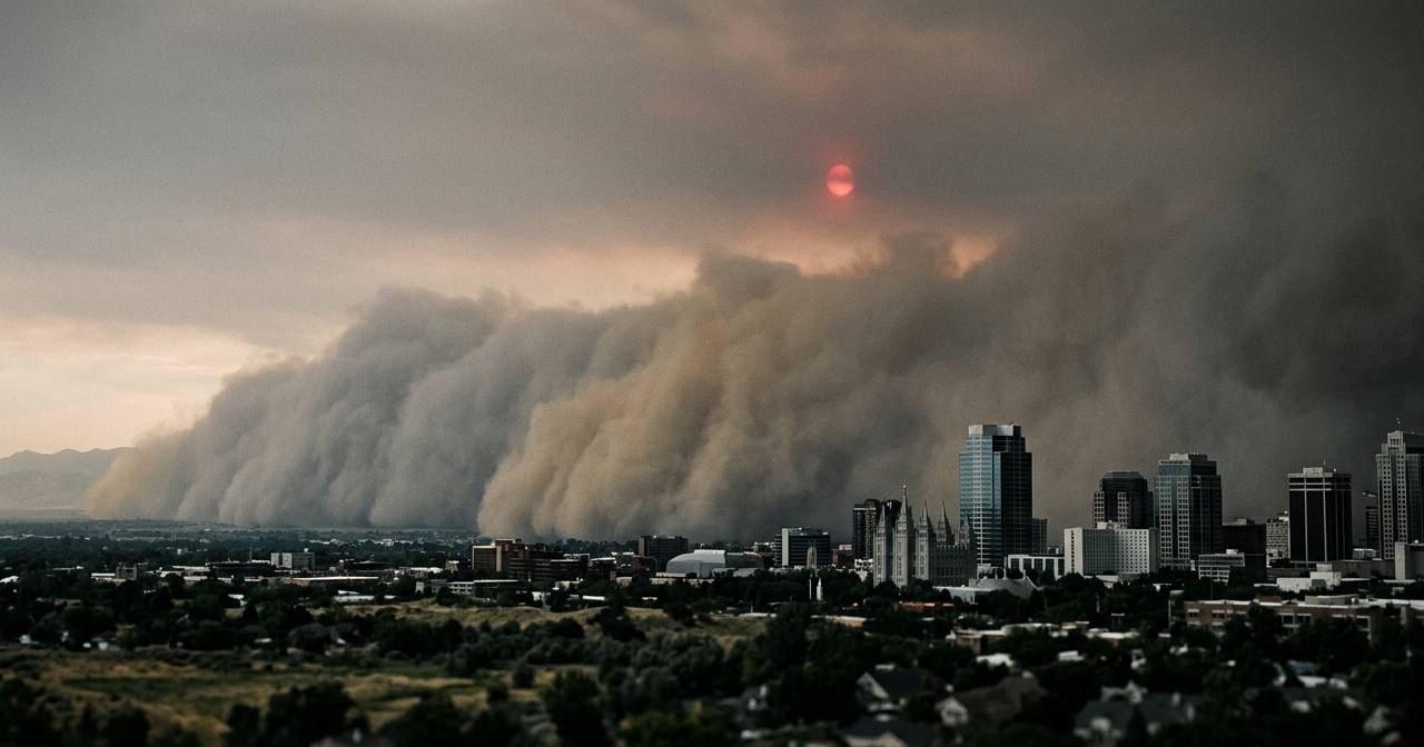 Una masiva tormenta de polvo gris cubriendo el horizonte de Salt Lake City bajo un cielo apocalíptico.