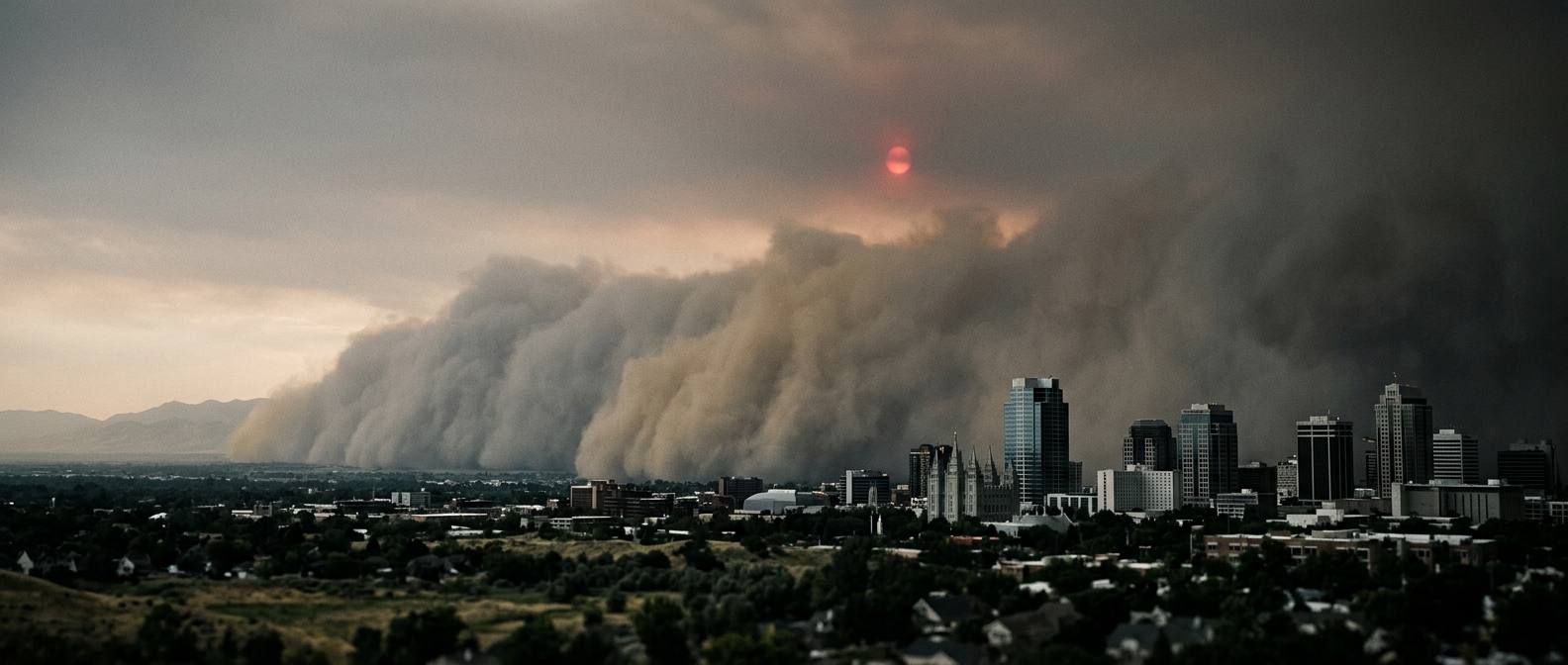 Una masiva tormenta de polvo gris cubriendo el horizonte de Salt Lake City bajo un cielo apocalíptico.