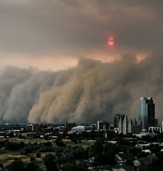 Una masiva tormenta de polvo gris cubriendo el horizonte de Salt Lake City bajo un cielo apocalíptico.