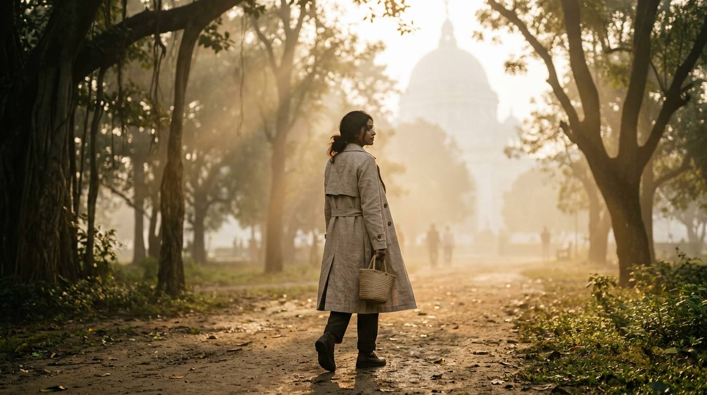 भारतीय मानसून में एक व्यक्ति पर्यावरण के अनुकूल जैतून के रंग का eco-friendly raincoat पहने हुए जंगल में टहल रहा है।