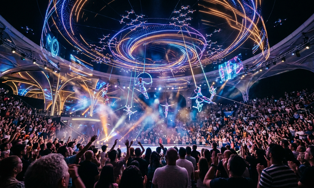 Eine moderne Zirkusarena von Ringling Bros. Returns mit Akrobaten und Drohnen-Lichtshow ohne Tiere im Jahr 2026.