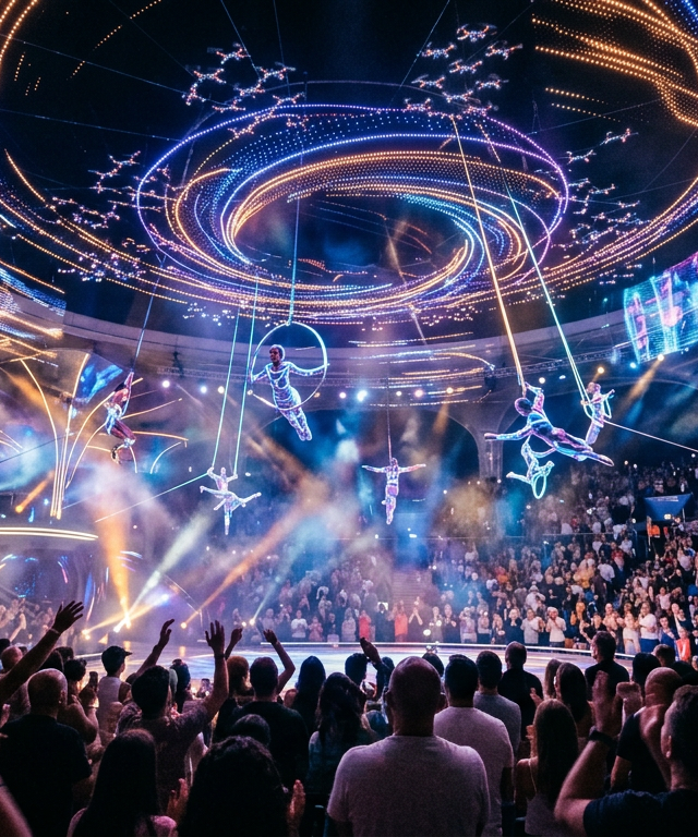 Eine moderne Zirkusarena von Ringling Bros. Returns mit Akrobaten und Drohnen-Lichtshow ohne Tiere im Jahr 2026.