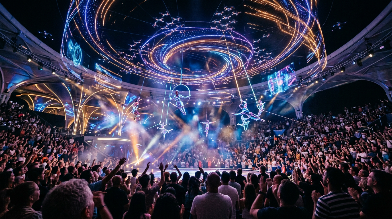 Eine moderne Zirkusarena von Ringling Bros. Returns mit Akrobaten und Drohnen-Lichtshow ohne Tiere im Jahr 2026.