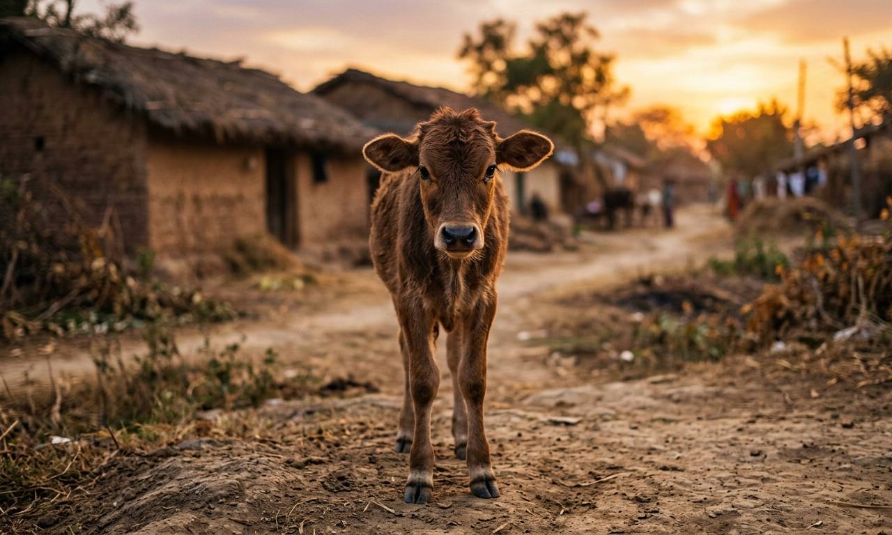 धूल भरे ग्रामीण भारतीय परिवेश में सूर्यास्त के समय खड़ा एक अकेला नर बछड़ा, डेयरी उद्योग की सच्चाई को दर्शाता हुआ।