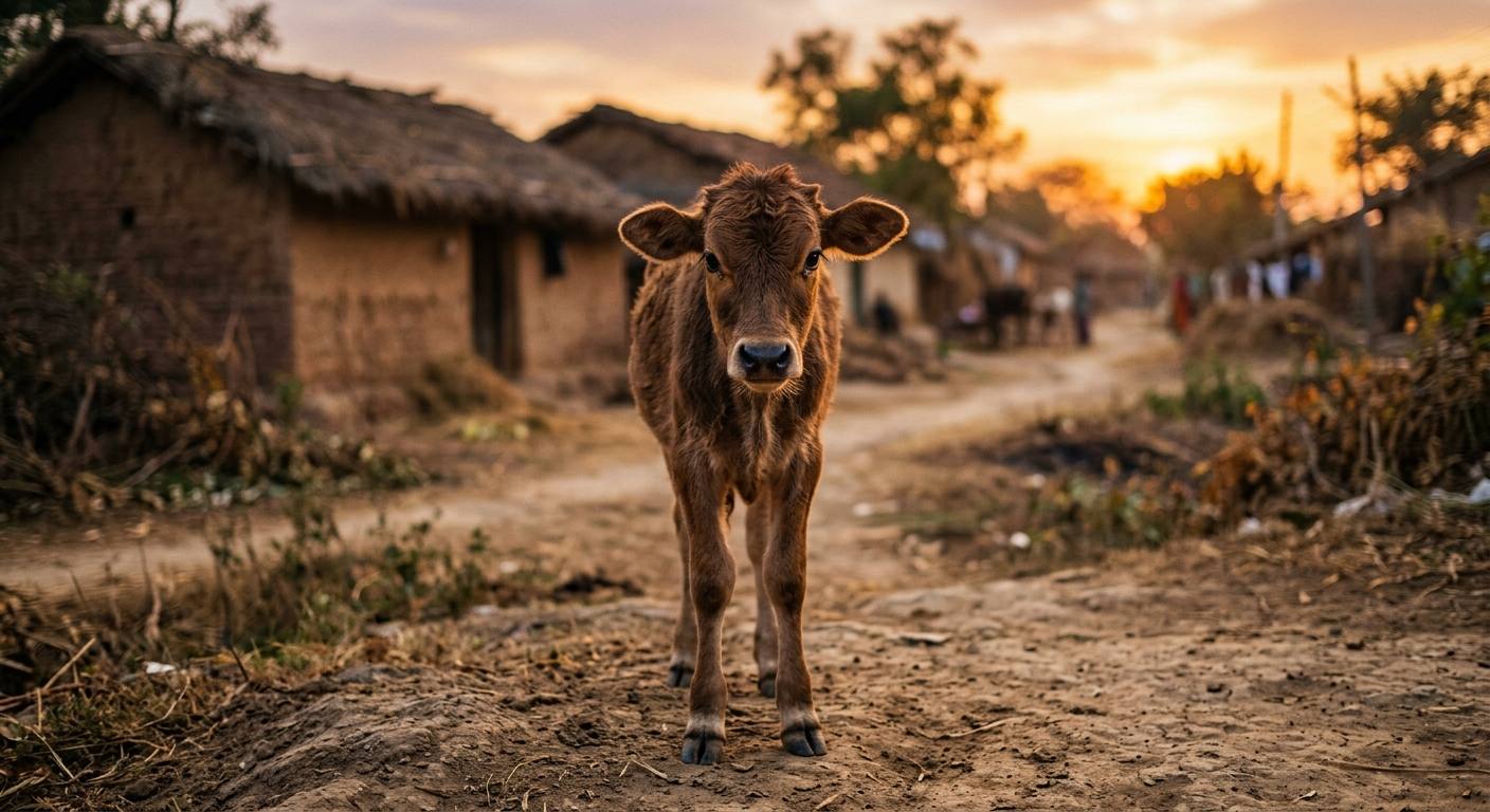 বাংলার একটি সবুজ খামারে সূর্যাস্তের সময় প্রাণীদের অবাধ বিচরণ যা প্রাণী অধিকার বনাম প্রাণী কল্যাণ ধারণার প্রতিফলন ঘটায়।