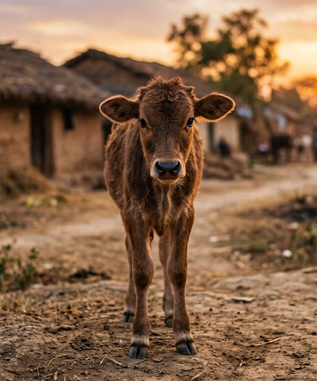 धूल भरे ग्रामीण भारतीय परिवेश में सूर्यास्त के समय खड़ा एक अकेला नर बछड़ा, डेयरी उद्योग की सच्चाई को दर्शाता हुआ।