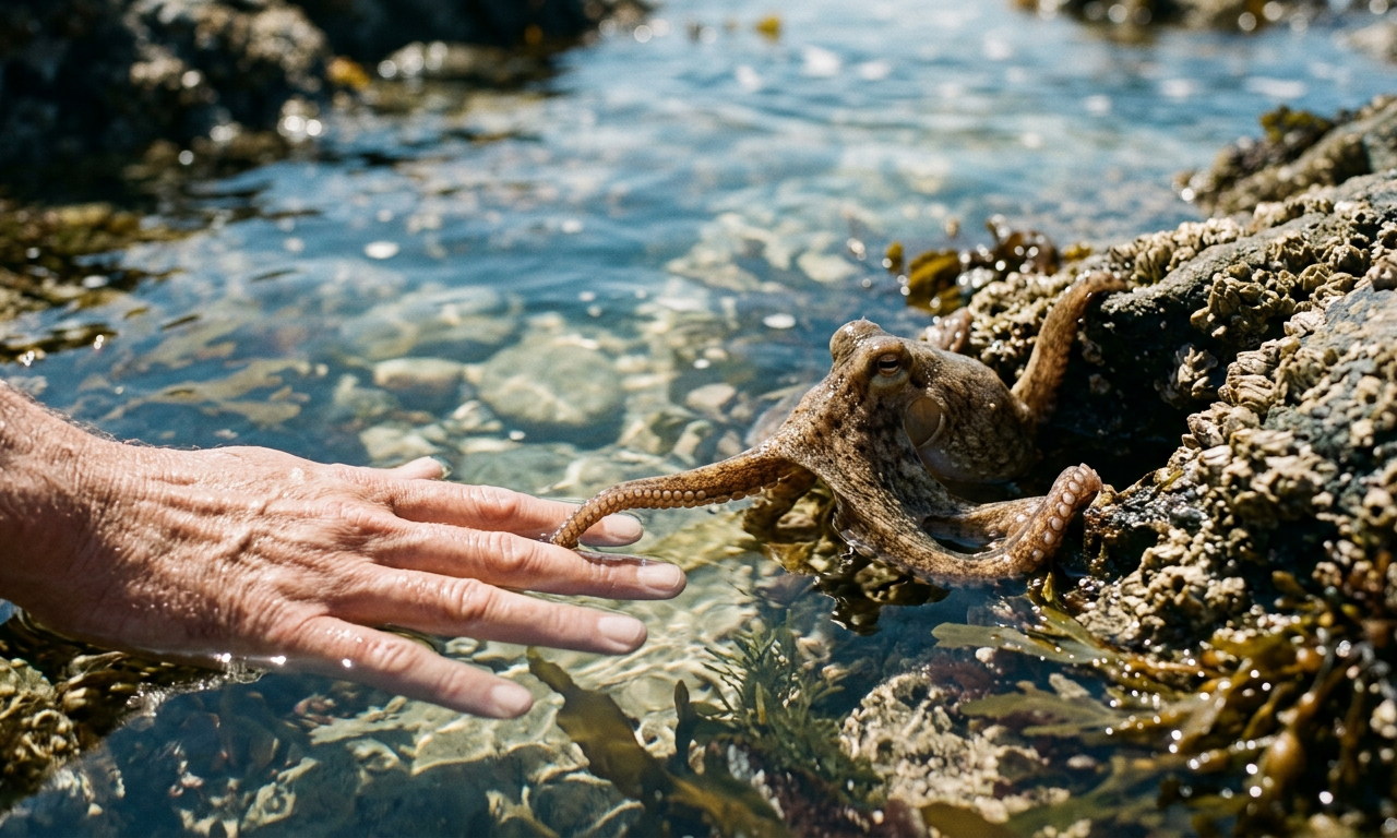 Un pulpo curioso interactuando con una mano humana en un entorno natural, simbolizando la sintiencia animal.