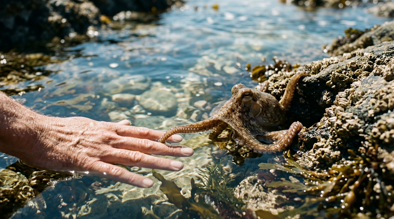 Un pulpo curioso interactuando con una mano humana en un entorno natural, simbolizando la sintiencia animal.