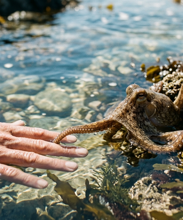 Un pulpo curioso interactuando con una mano humana en un entorno natural, simbolizando la sintiencia animal.