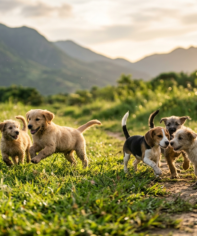 在香港新界阳光充足的草地上自由奔跑的获救幼犬，象征着从非法育犬场解脱后的新生。