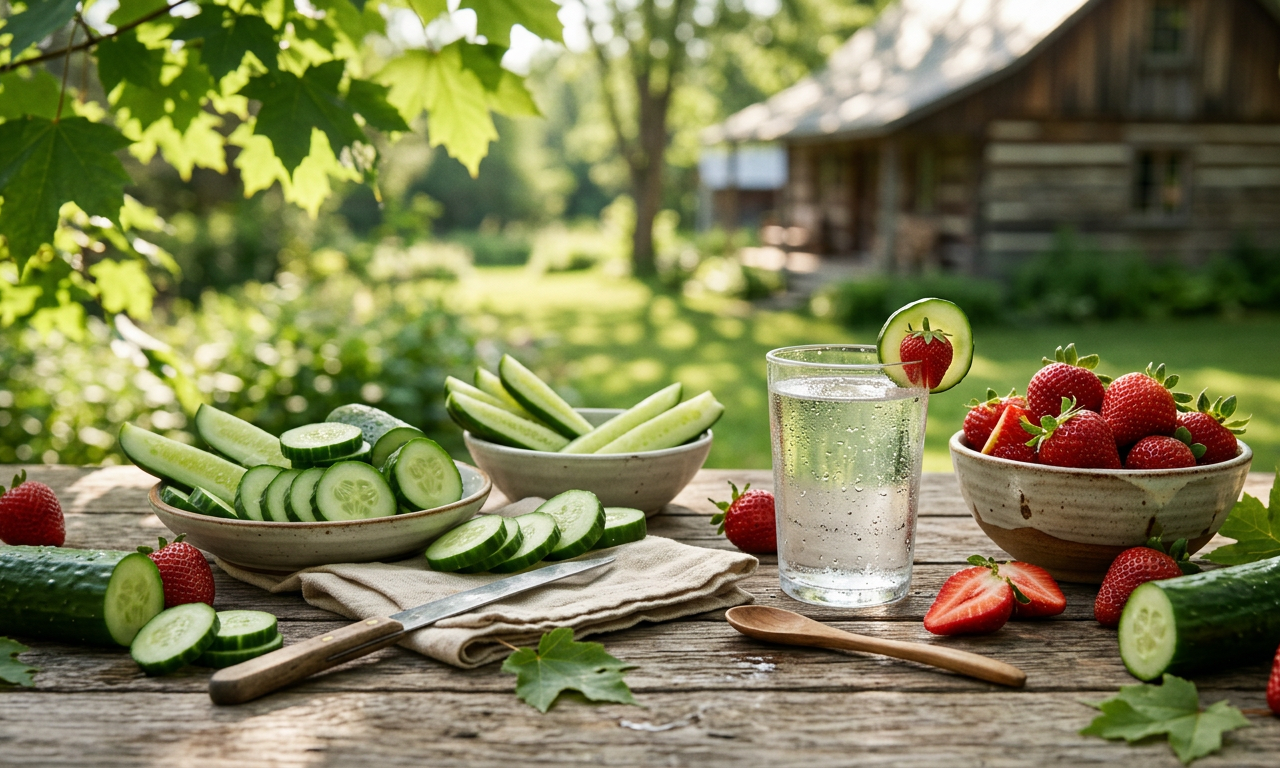 Table estivale garnie d'aliments hydratants comme des concombres et des fraises sous la lumière du soleil au Québec.