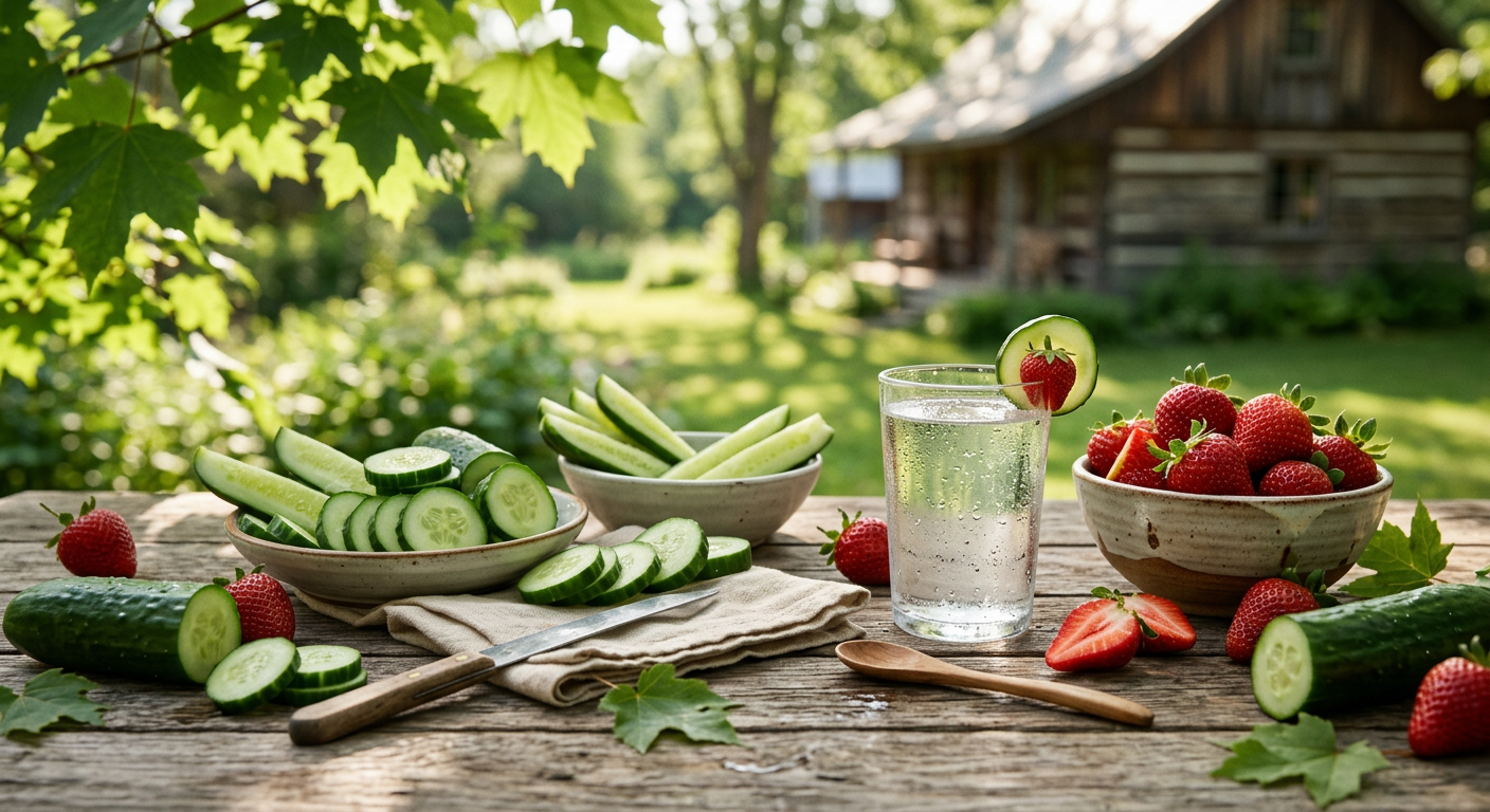 Table estivale garnie d'aliments hydratants comme des concombres et des fraises sous la lumière du soleil au Québec.