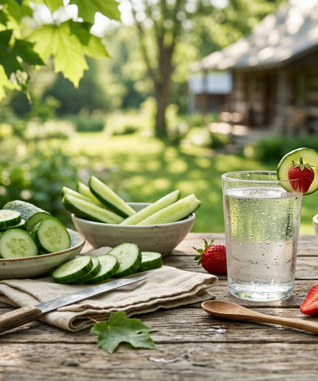 Table estivale garnie d'aliments hydratants comme des concombres et des fraises sous la lumière du soleil au Québec.