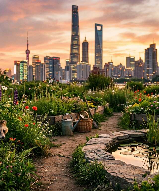 在上海摩天大楼阴影下的繁茂社区花园，展示了城市荒野化中本土植物与现代建筑的共生景观。