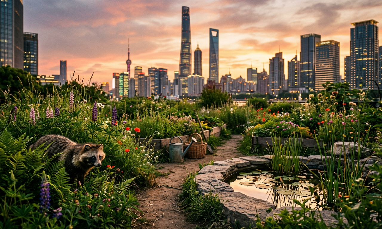 在上海摩天大楼阴影下的繁茂社区花园,展示了城市荒野化中本土植物与现代建筑的共生景观。