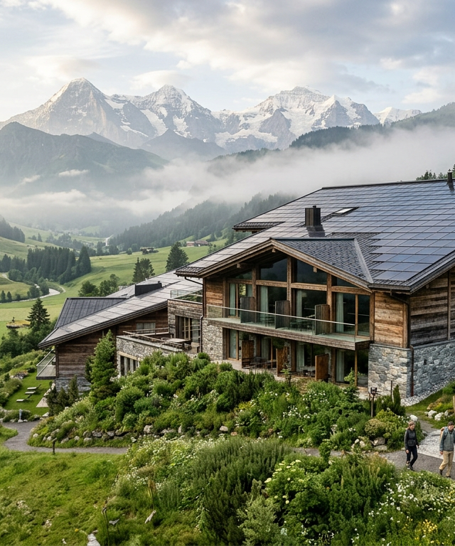 Ein modernes Öko-Hotel aus Naturmaterialien in einem grünen Schweizer Alpental für nachhaltig reisen in den Alpen.