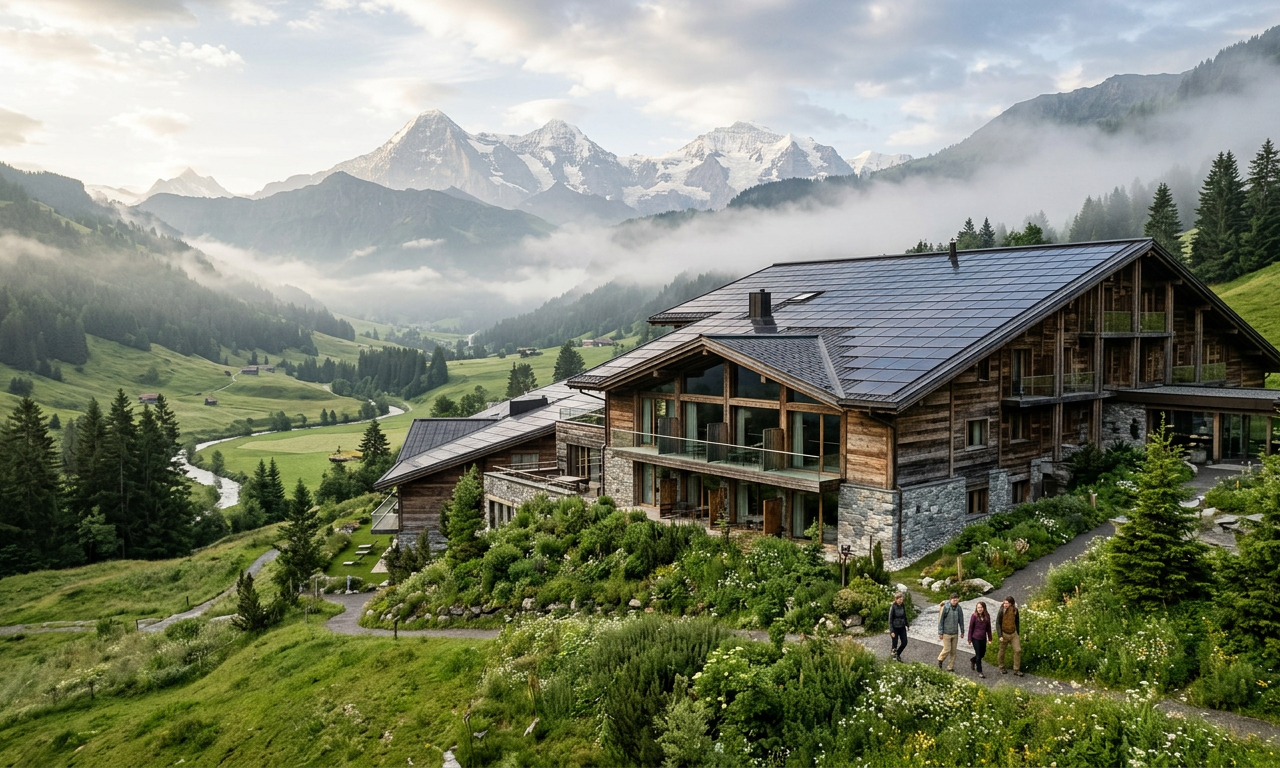 Ein modernes Öko-Hotel aus Naturmaterialien in einem grünen Schweizer Alpental für nachhaltig reisen in den Alpen.