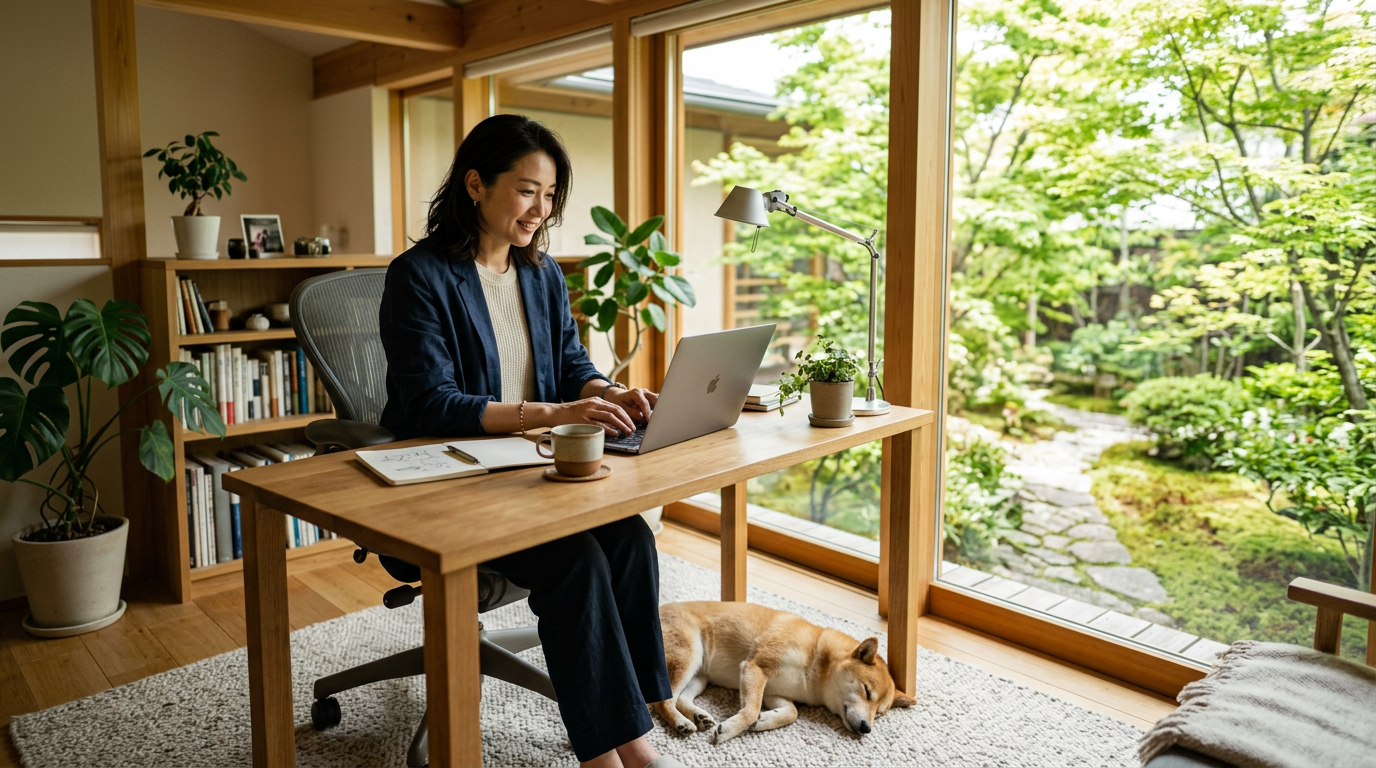 明るいオフィスで仕事をする女性と、その足元で穏やかに眠る保護犬の柴犬。動物愛護法 改正 2026年がもたらす調和を象徴する光景。