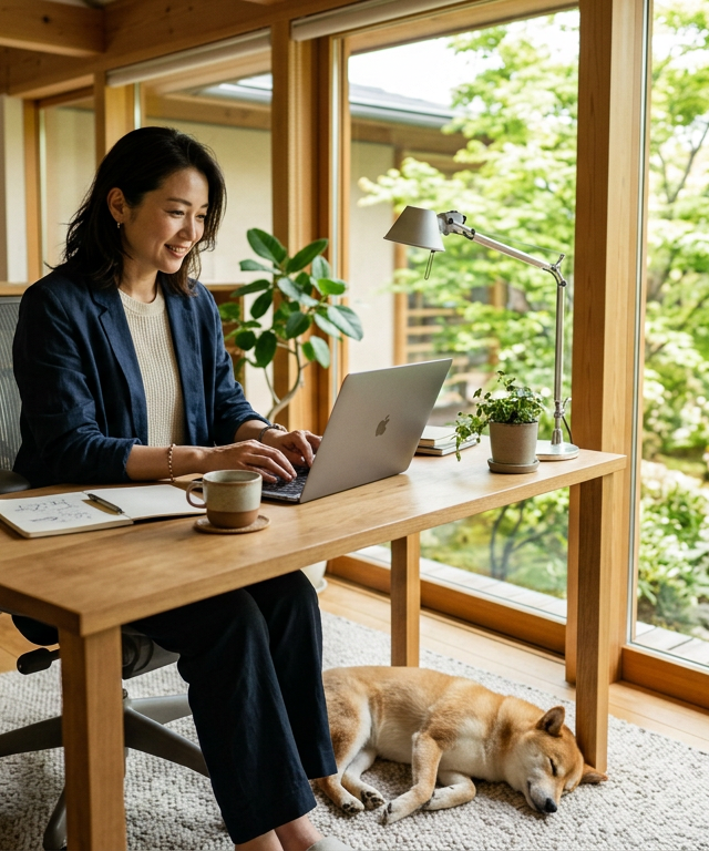 明るいオフィスで仕事をする女性と、その足元で穏やかに眠る保護犬の柴犬。動物愛護法 改正 2026年がもたらす調和を象徴する光景。