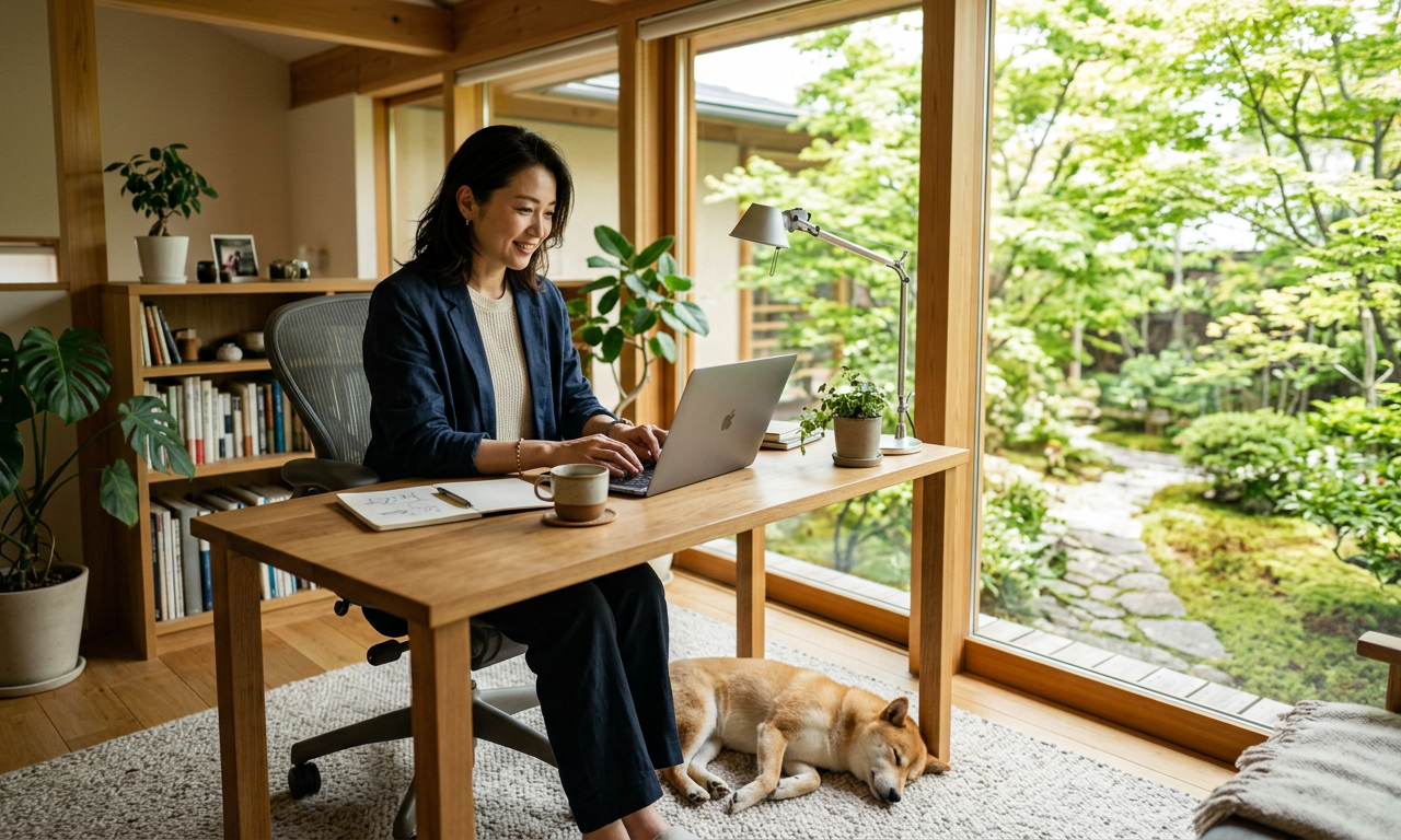 明るいオフィスで仕事をする女性と、その足元で穏やかに眠る保護犬の柴犬。動物愛護法 改正 2026年がもたらす調和を象徴する光景。