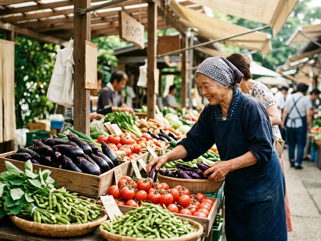 A colorful UK farmer's market stall showing seasonal autumn vegetables like carrots and kale for budget meal plans.