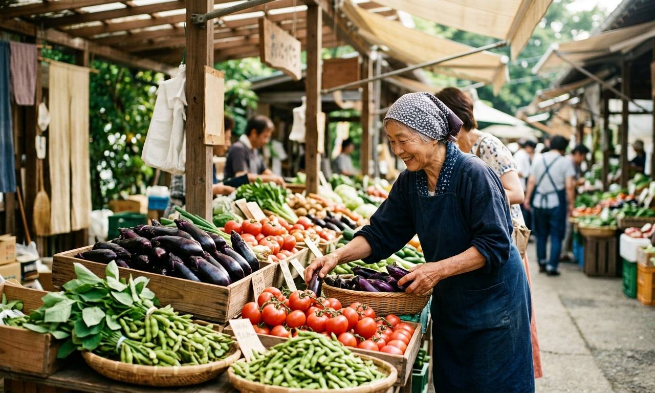 日本の夏のファーマーズマーケットに並ぶ、鮮やかな旬の野菜と日本での節約エシカル食生活を象徴する光景