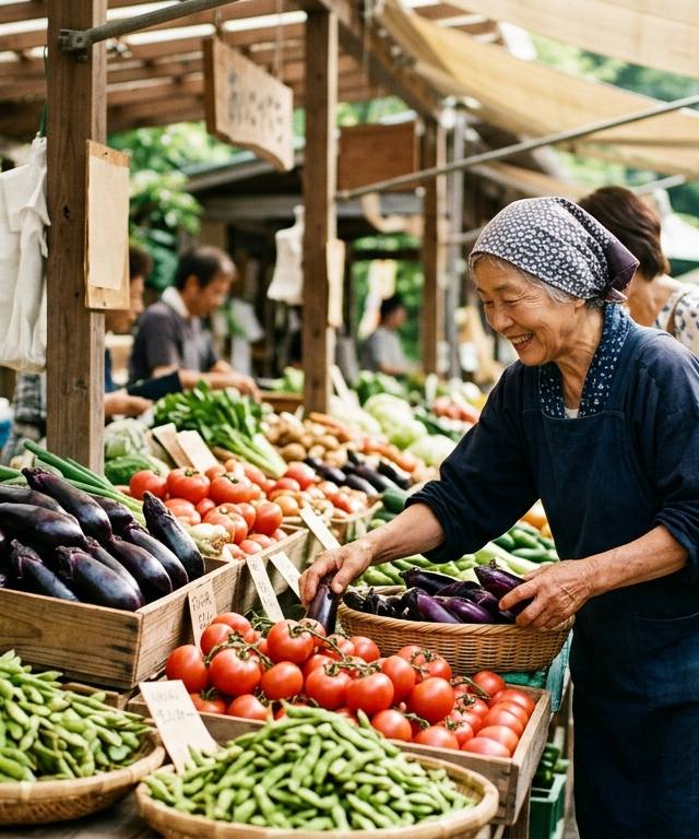日本の夏のファーマーズマーケットに並ぶ、鮮やかな旬の野菜と日本での節約エシカル食生活を象徴する光景