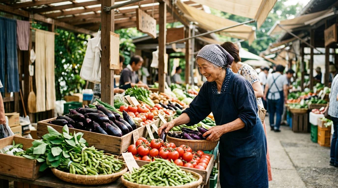 日本の夏のファーマーズマーケットに並ぶ、鮮やかな旬の野菜と日本での節約エシカル食生活を象徴する光景