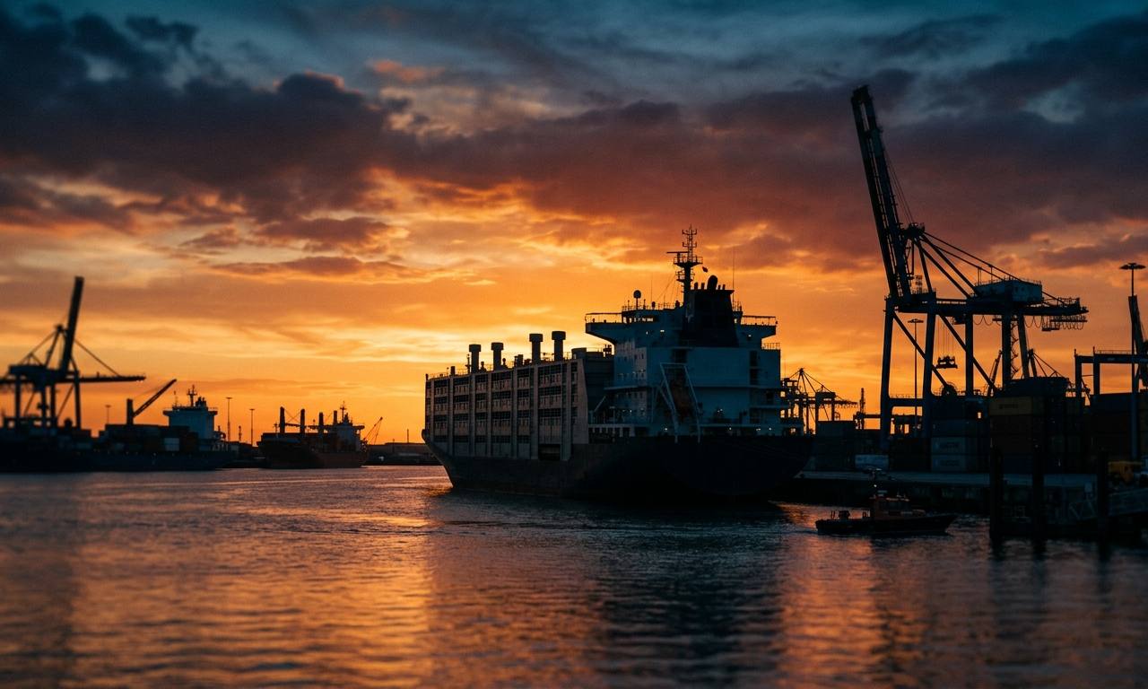 Un navire de transport de bétail à quai dans un port français au coucher du soleil pour illustrer l'exportation d'animaux vivants.