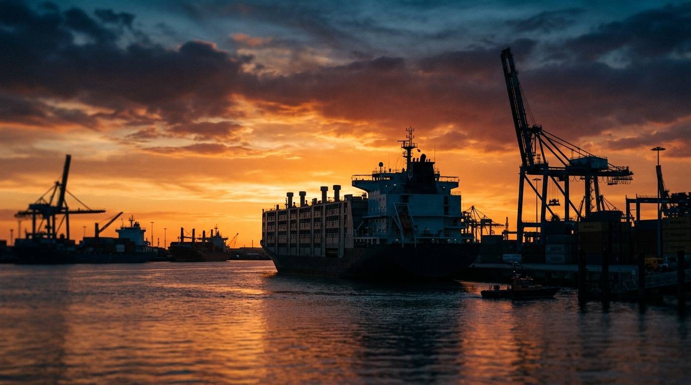 Un navire de transport de bétail à quai dans un port français au coucher du soleil pour illustrer l'exportation d'animaux vivants.
