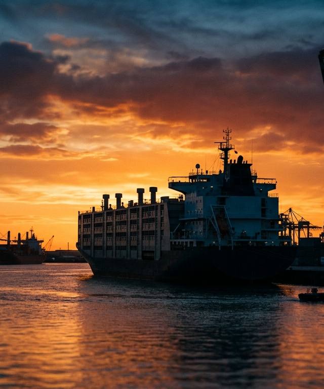 Un navire de transport de bétail à quai dans un port français au coucher du soleil pour illustrer l'exportation d'animaux vivants.