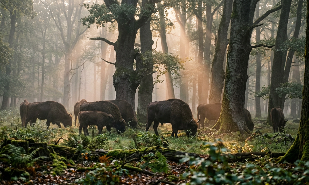 Eine Herde Wisente in einem nebligen deutschen Wald bei Sonnenaufgang verdeutlicht Rewilding in Deutschland.