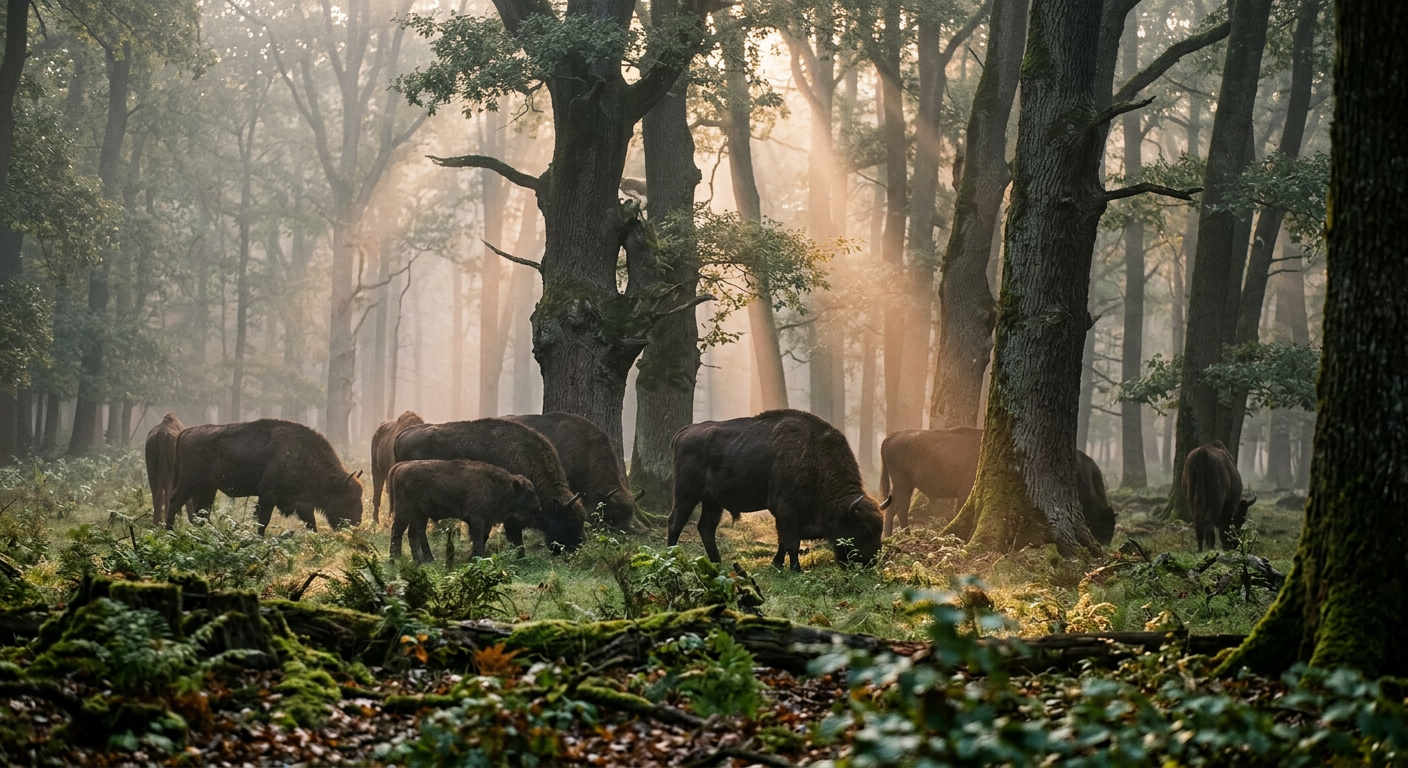 Eine Herde Wisente in einem nebligen deutschen Wald bei Sonnenaufgang verdeutlicht Rewilding in Deutschland.