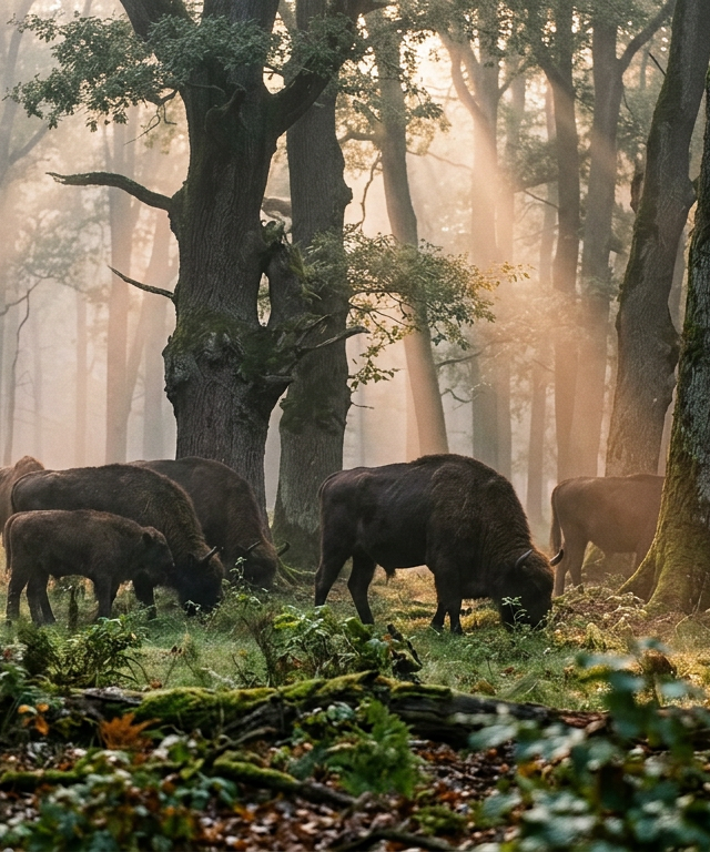 Eine Herde Wisente in einem nebligen deutschen Wald bei Sonnenaufgang verdeutlicht Rewilding in Deutschland.
